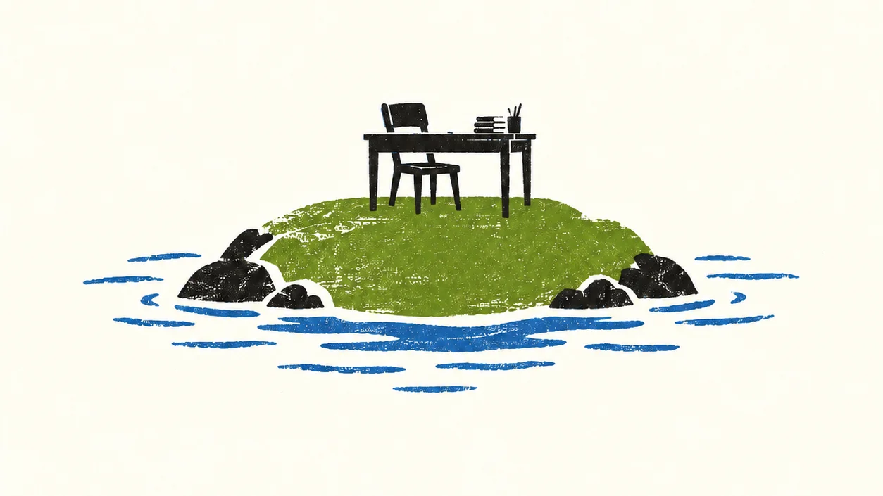 A small green island in a blue sea, with a desk and an empty chair on it